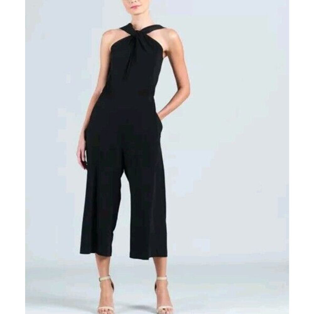 Clara Sun Woo Grecian Halter Pocket Jumpsuit Size M Black Sleeveless Travel Knit